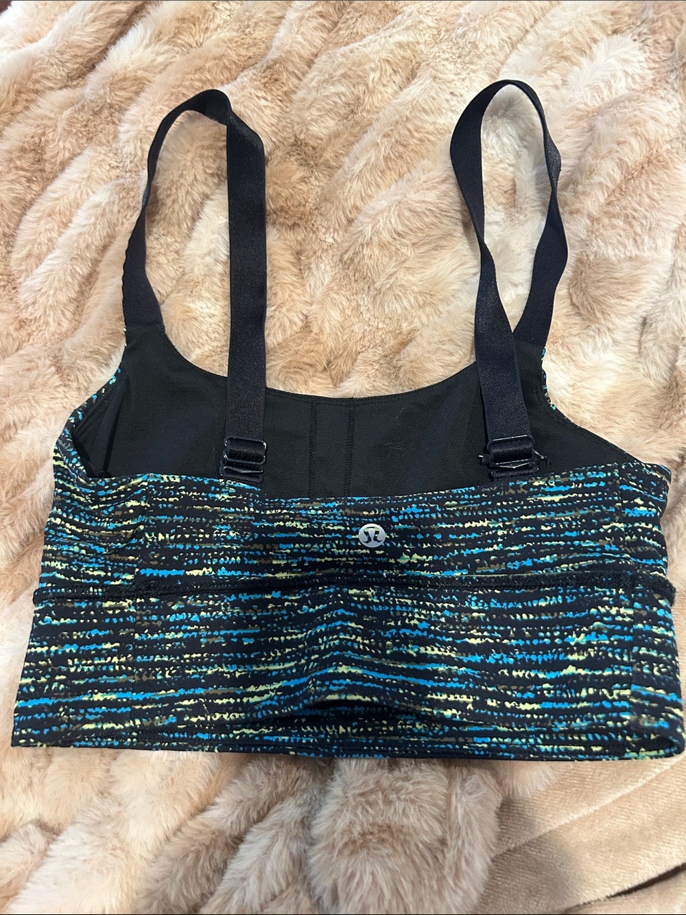 lululemon athletica Black Sports Bra with Teal & Aqua Stripe Pattern